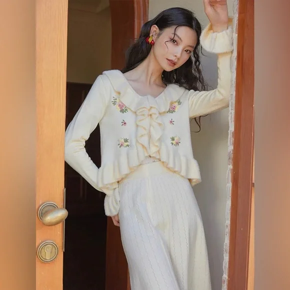 Lacemade Liz Lisa 🌸Gunne Sax Prairie Style Y2K Floral Ruffle Cardigan/Sweater🤍 - Picture 4 of 14